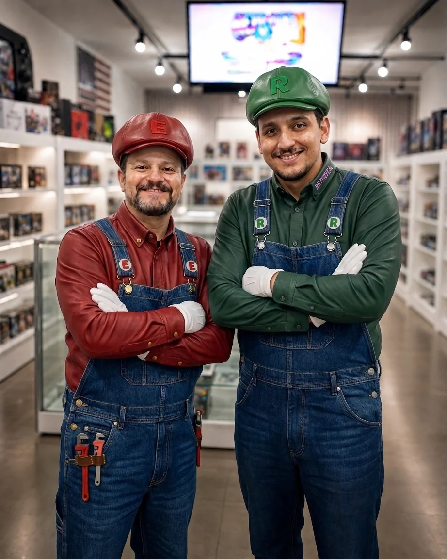 Ed e Betinho com a equipe da Retroteka em um encontro na loja